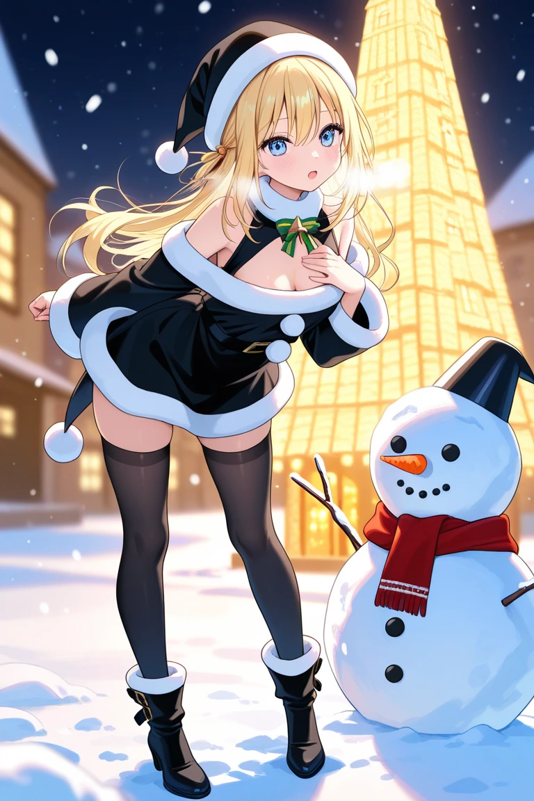{{{masterpiece}}}, {{{highest quality}}}, {{super detailed}}, {NSFW}, {{very delicate and beautiful、　beautiful and fine eyes}},blonde、half up、red eyes、small curve 1.2、cute 、Magical Girl Costume、white leotard、has a star wand、shy smile（street、it&#39;s snowing）