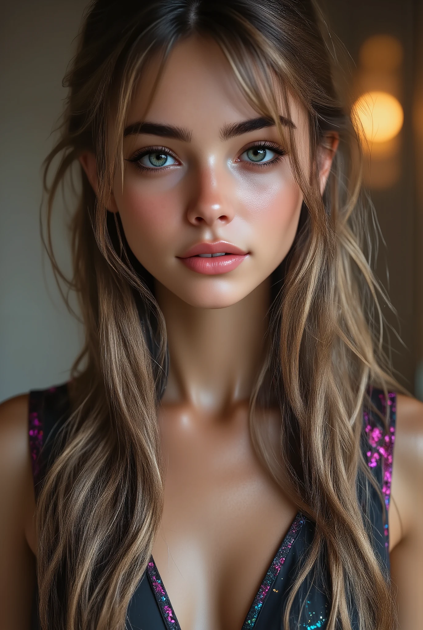 Realistic, (Photorealistic realism), ((ultra quality, extremely detailed digital art)), ((focus on extremely Realistic Proportion Body, Anatomically Correct:1.2)), Beautiful Girl, ultra details, "Eyes: (acid-resistant terminology) (macro-details:1 . 5): * Moist corneal surface (visible aqueous layer:1 . 2) * Hyper-detailed iris stroma ((brown) with gold flecks) * Precise limbal ring (slightly darker pigmentation:1 . 22) * Pupil micro-texture (irregular edge authenticity:0 . 9) * Vasculature in sclera (subtle red veins radiating from limbus)" - "Lashes: blue individual synthetic fibers (crosshatched roots:1 . 2 , clump-free separation)" Technical Specs: (Optics: - "Zeiss Otus85mm f/1 . 4 lens (eye refraction calculations:1 . 3)" - "Shutter Speed:1/500 (freeze eye micro-movements)" - "Focus Stacking:7-point coverage on iris plane") (Post-Processing: - "Frequency separation for skin vs eye details" - "Selective sharpening: eyes200% , hair80%" - "Denoise: luminance20 , color35 (retain corneal speculars)") (Avoid: "pupil distortion , uncanny valley asymmetry , plastic-like wetness") UHD, perfect female body, {((Beautiful long legs in good style:1.35))}, ((no bra, no panties:1.3)), (medium butt), (skinny body build),(perfect hot model body:1.4), ((slim belly: 1.2)), (muscular body), (Beautiful bikini, made of PVC ribbon), ((Micro Slingshot Swimsuit: 1.25)), ((Wear Micro Sling Made of ((ultra Narrow,, Sparkly neon)), Tight, PVC Ribbon: 1.3)), ((dark Hair,Long Hair,two side up,Crossed bangs,between hair)), arms tattoo,((micro skirt)),angelic cute face,white teeth, perfect beauty, long eyelashes, neon pink lips, oiled skin (psychedelic background, paranoia background),