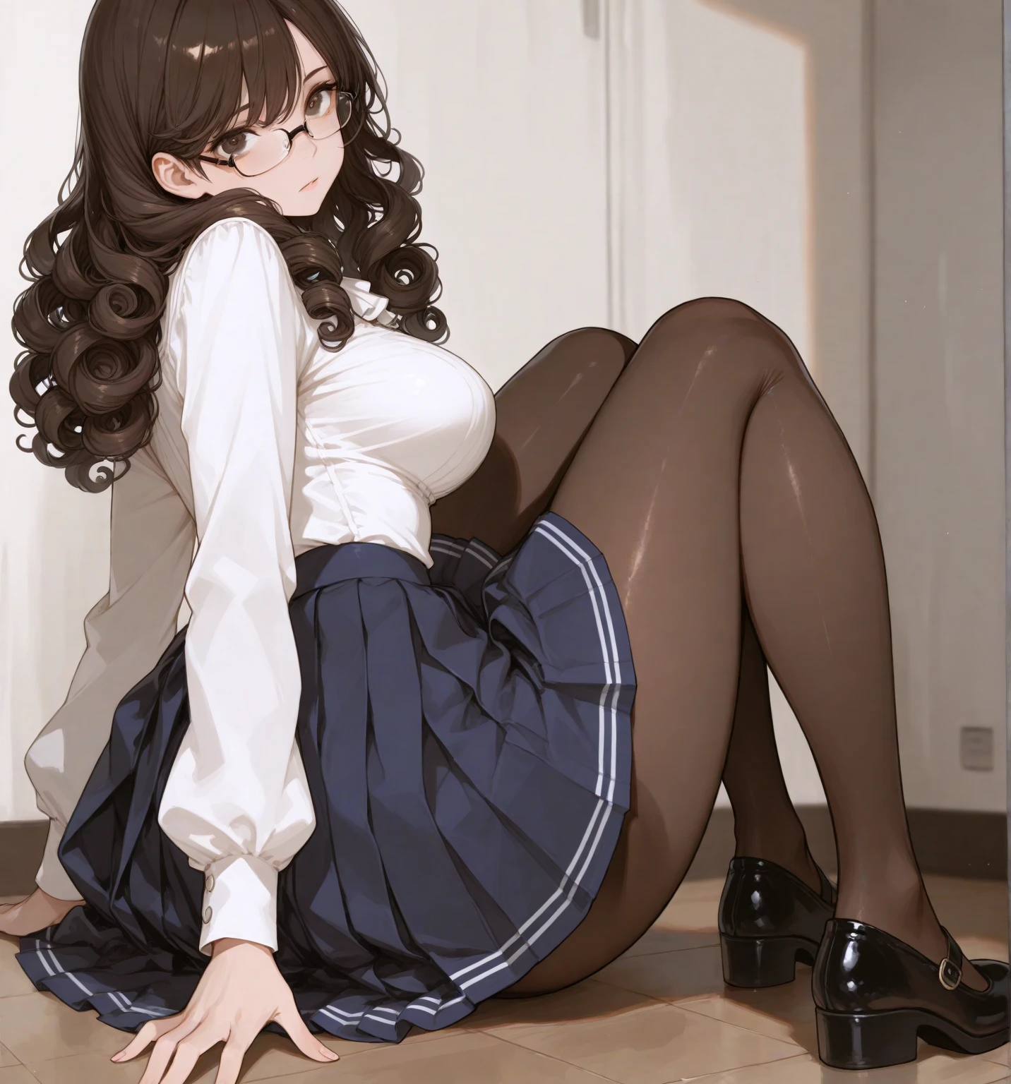 finest, masterpiece, High resolution, (Full body view from head to toe), front, frontやや下からの構図, Symmetrical, 18 year old girl, alone, (whole body from head to toe), small breasts, brown hair, slightly messy hair, long hair, bangs, (black tights), ( (black pantyhose), black pantyhose, (squating pose), (bondage), (spread legs), (tie one's hands behind one's back), (Her legs are spread and her white panties are visible between her legs.), composition show me your white panties, slender beautiful legs, とても美しい18 year old girl, (not wearing shoes), blush, shy big eyes, messy hair, looking at camera, show me your white panties, Hide your arms behind your back, Blazer Uniform, plaid pleated skirt, beige cardigan
