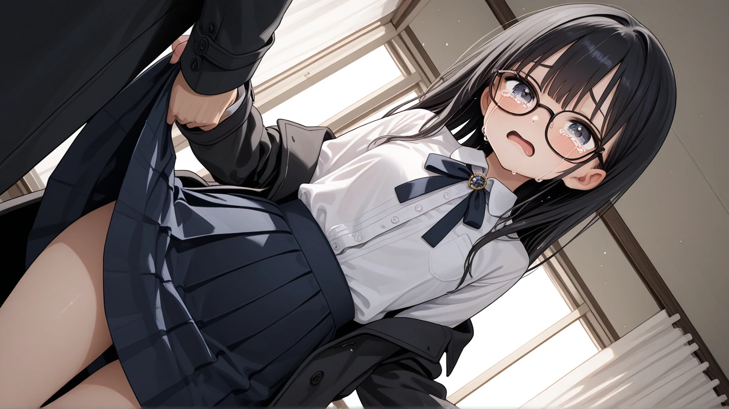 (:1.3), No modification, masterpiece, very detailed and beautiful, anime style, very cute girl,   with multiple men, liar,  clothes, from below, Angel, medium long hair, black hair, hair from left to right、Braids at the back, bar, gray eyes, glare at viewer, spread your legs,   inserted, Horde of Demons, 