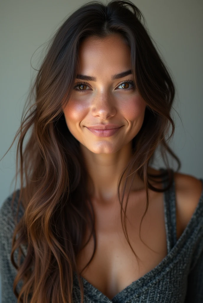 jolie femme, cheveux noirs, réaliste, tenue colorée, lumière blanche, sourire 