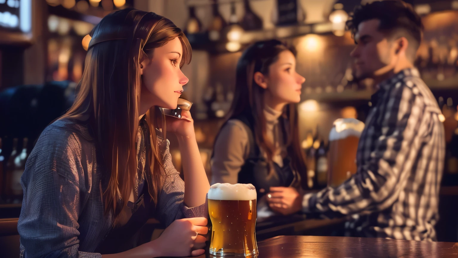 A close-up of Lizzie's hand as she places her drink on the bar counter next to Bob’s. Her light-brown hair and the edge of her blue eyes are just visible.