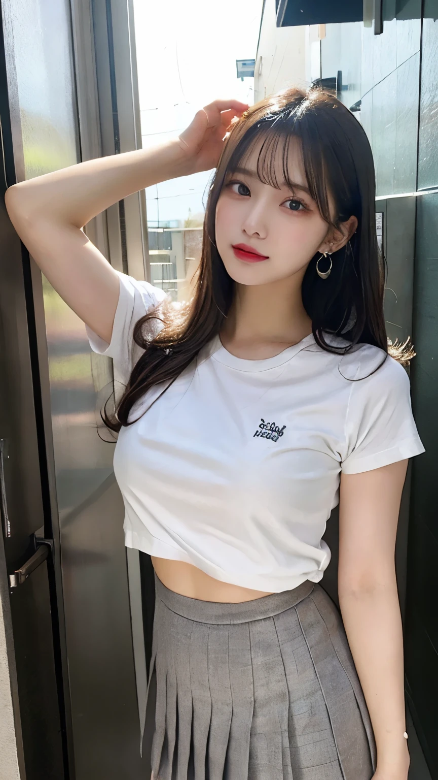 (in 8K),Light Brown Fringe Hair、Braided hair,The long-haired、disheveled hair、Light brown eyes、(dignified expression)、(爆乳:1.4)、(Emphasize the valley:1.4)、(Photorealsitic:1.2)、Shadow、(The face of the golden ratio:1.2)、(intricate detailes:1.2)、(masterpiece、:1.3)、(top-quality:1.4)、(超A high resolution:1.2)、超A high resolution、(A detailed eye)、(Detailed ears)、(Detailed eyebrows)、(Detailed mouth)、(detailed facial features)、(Silver necklace),((Big Heart Cutout:1.2)、(Short sleeve T-shirt:1.2))、(Long TーThe shirt:1.2)、from the thighs up、nighttime scene、Skyscraper District、Blurry neon lights