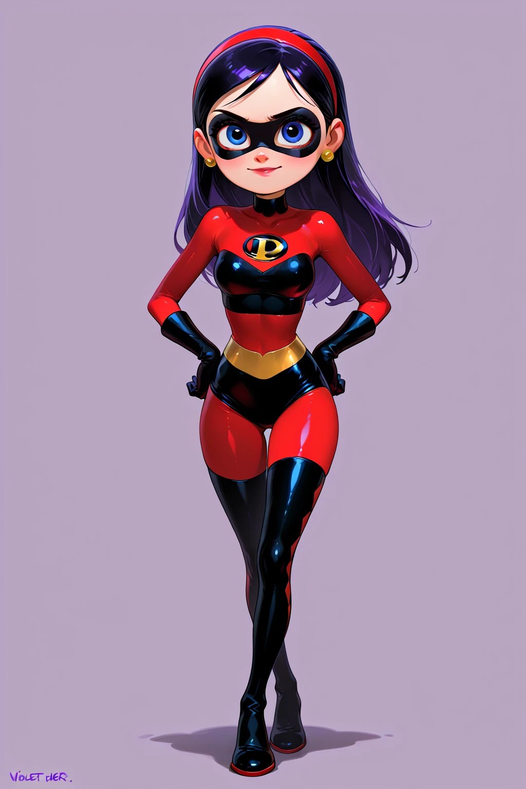 masterpiece,best quality, pixar, full body, 1girl, solo, VioletParr mask, red bodysuit, superhero, red headband,  looking at viewer, long black hair,  smile, shy,  sfw, back view, 