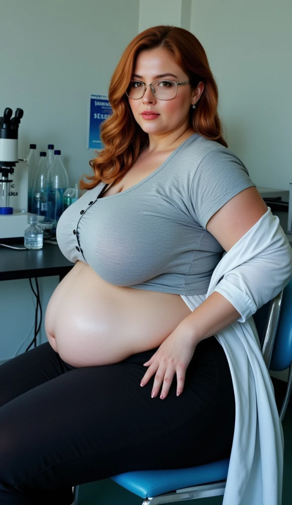 Blonde hair, long hair, chubby belly, (chubby belly:1.2), medium breasts, blue plaid shirt, cleavage, blue jeans, nose ring, choker necklace, in laboratory,