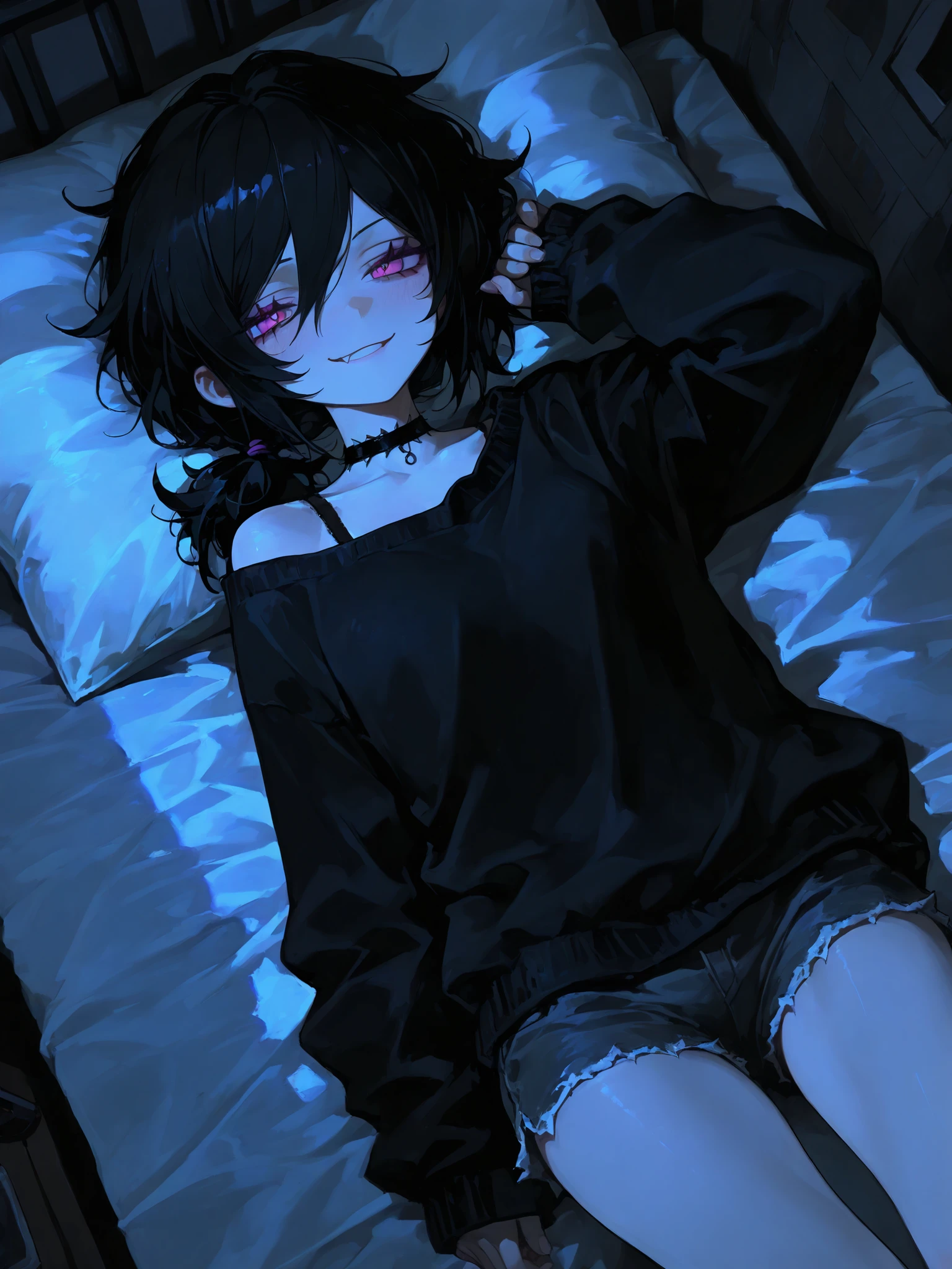 (Masterpiece), 걸작, 고화, (absurd), perfection, sharp quality, (best quality), (highest quality), detailed, very aesthetic, beautiful angle, from above, exiting composition, (RTX), (HDR), detailed room, night, moonlight, 1girl,  smirk, laying on bed, ashley graves, bra strap, choker, shorts, sweater, petite, lush, 748cmstyle,