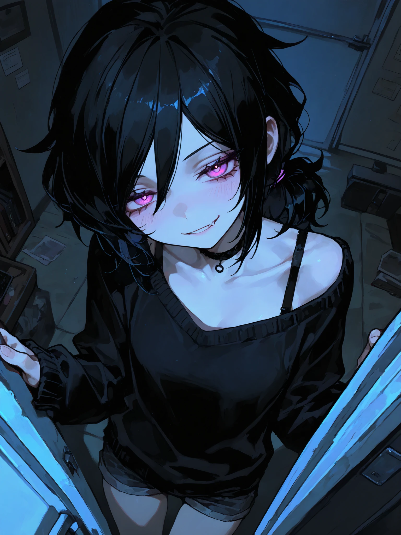 (Masterpiece), 걸작, 고화, (absurd), perfection, sharp quality, (best quality), (highest quality), detailed, very aesthetic, beautiful angle, from above, exiting composition, (RTX), (HDR), detailed room, night, moonlight, 1girl,  smirk, ashley graves, bra strap, choker, shorts, sweater, petite, lush, 748cmstyle,