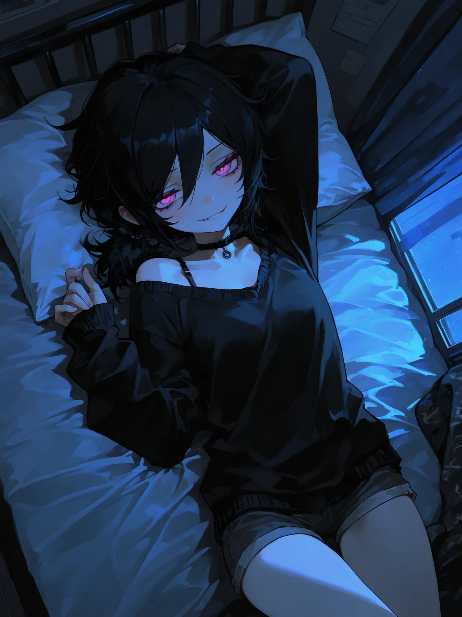 1girl. NSFW. Neon palette, short black hair, side swept bangs, dark purple eyes, black oversized shirt, black choker on neck. Lying on bed, on side.