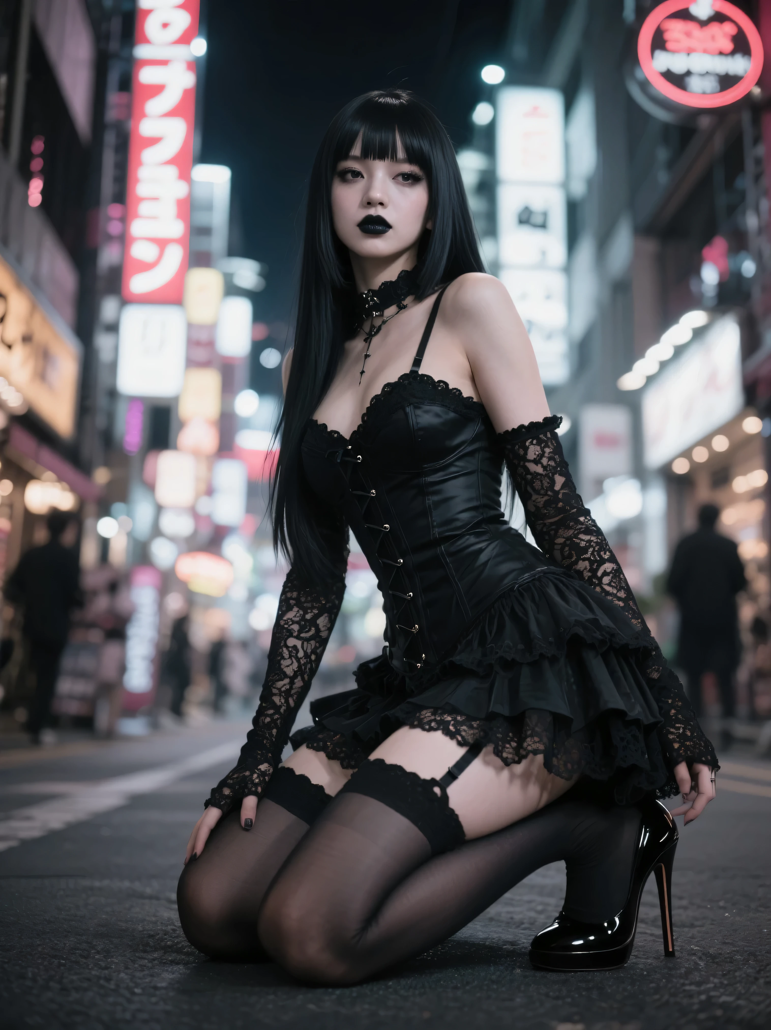 (masterpiece:1.2), (best quality:1.2), (extremely detailed:1.2), (extremely detailed face), (photorealistic:1.2), (ultra detailed), 8k, 1girl, 1boy, full body shot
<lora:koinoya_mai_v1:0.75>, hmkm1, ponytail, mole under eye, cleavage, jewelry, necklace, hair scrunchie, strap slip, black dress, thigh strap
smile, looking at viewer, seductive expression, walking on the street,
<lora:gothgirl:0.55>, gothgirl makeups,