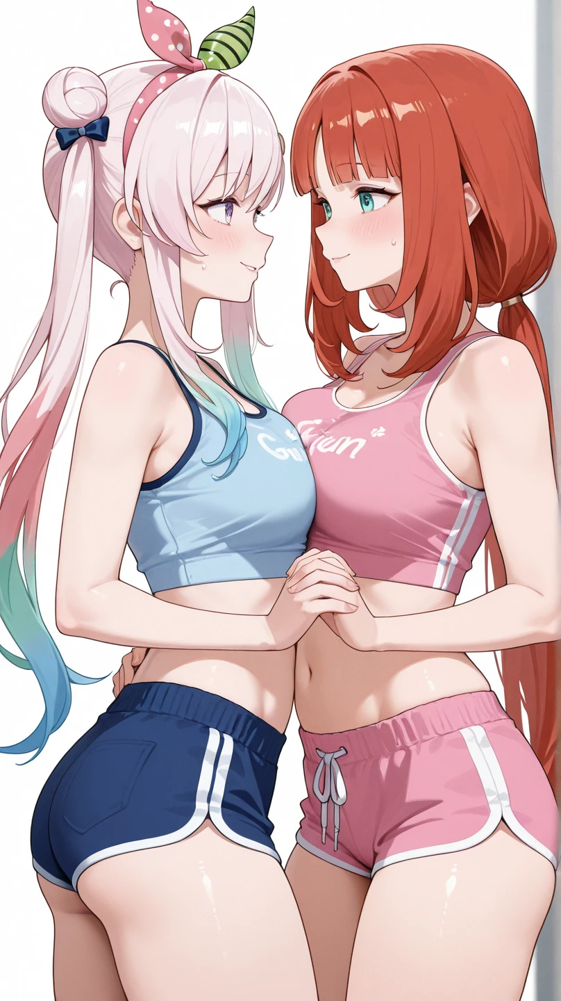 highquality illustration, masterpiece, very delicate and beautiful, attractive girl,(colorful leotard, heattech leotard,tight leotard,long_sleeve leotard,ribbed leotard,high_leg leotard,turtleneck leotard), thin,slender body,slim,gymnastics club,2 girls,gymnastics athlete,bare legs,gymnasium background,beautiful eyes, light smile,(masterpiece, best quality:1.2), highres, extremely detailed CG unity 8k wallpaper, perfect lighting, Colourful, ultra-high res,4K,ultra-detailed, photography, 8K, HDR,  17 ages, 