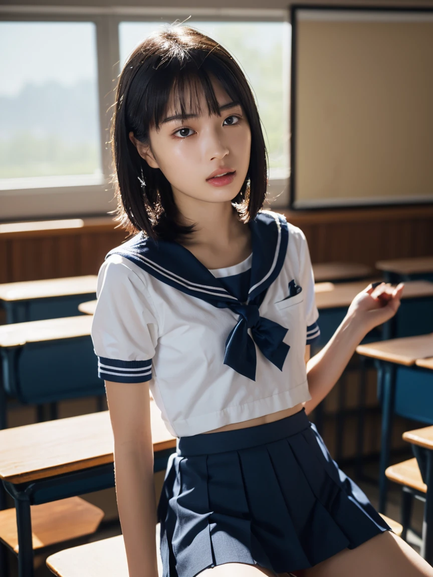 masterpiece:1.2, Very detailed, Ultra-high resolution, Realistic, photo Realistic:1.6, High-resolution RAW color photos, Professional photos, Sharp focus:1.2, Very detailed顔と肌の質感, Very beautiful eyes, Glossのある肌, Glowing Skin, Glowing Skin, Shining Face, Gloss, Oily skin, greasy face, Oily skin, greasy face,, real Glossのある肌 texture, Perfect Anatomy, Very detailed背景,(High school classroom at night),1 female,25-year-old woman, Japanese women,height: 168cm,short hair, Straight hair, bangs, Brown Hair,((Flat Chest:1.6)),Slender legs, ((See-through white short-sleeved sailor suit、Navy blue pleated mini skirt:1.5、Sexy T-panties under skirt:1.6)),(((A sailor uniform that was wet from the rain and very transparent:1.5))),Earrings,(Sit on a desk)