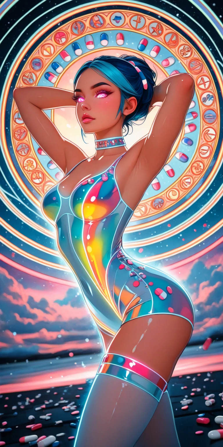 a beautiful ravishing naked Sundanese woman completely covered in paint floating in a pool, beautiful lighting, upclose, large beautiful detailed eyes, nirvana, relaxed, chill, from above, full body, Curvy, Thick, Busty, paint drops, paint swirls, paint splatter, high heels, (beautiful spiral paint swirls), by jeremy mann, by sandra chevrier, by dave mckean and richard avedon and maciej kuciara, high detailed, 8k, vivid contrasting colors, chromatic aberration, the stars touch the sky with background of aurora nebula paint stars , vivid bright colors, a vibrant digital illustration, Tangerang background, behance hd, Masterpiece, best quality, (realistic:1.2), (high contrast:1.2)
