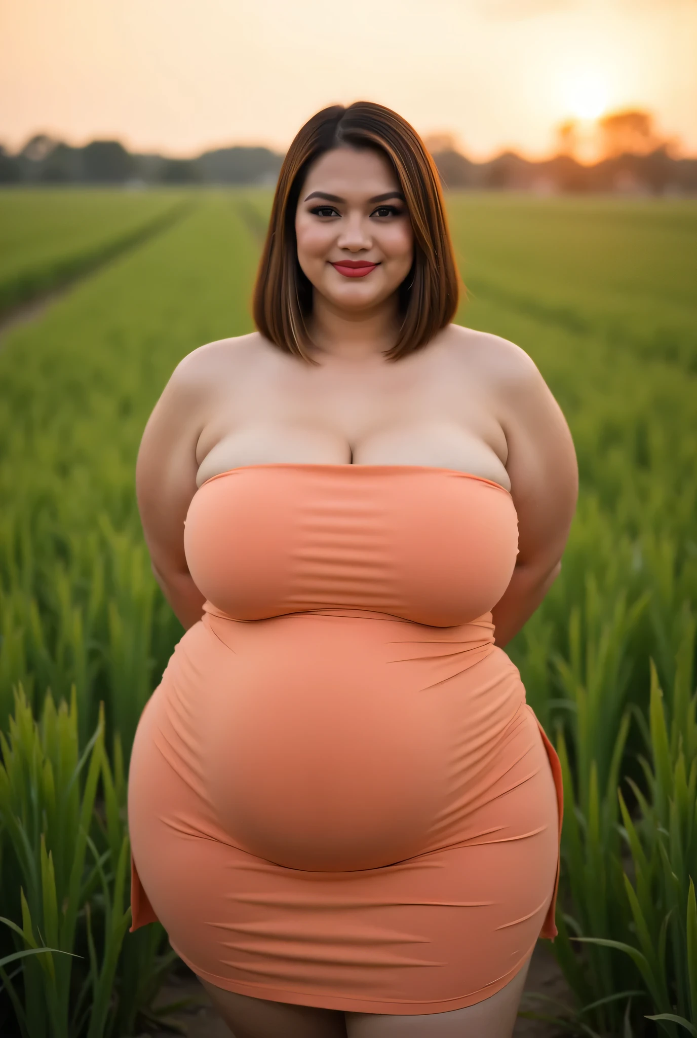 Beauty Of Bbw Fat, Straight short hair covers the ears perfectly, Wearing peach plain Strapless, view from the front,  both hands lying behind back, background rice paddy. twilight is red atmosphere, FRONT IMAGE, red lips 👄 (wearing side split batik fabric looks Thighs), overweight plump and fat belly, fat belly