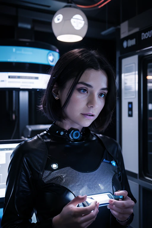 (best quality,4k,8k,highres,masterpiece:1.2),ultra-detailed,(realistic,photorealistic,photo-realistic:1.37),1 woman, intricate machinery, highly detailed machinery, futuristic cyberpunk, chrome metal, glowing blue lights, complex gears and mechanisms, detailed facial features, piercing eyes, cinematic lighting, dramatic shadows, dark color palette, military attire, special ops headgear, wearing and equipping night-vision goggles