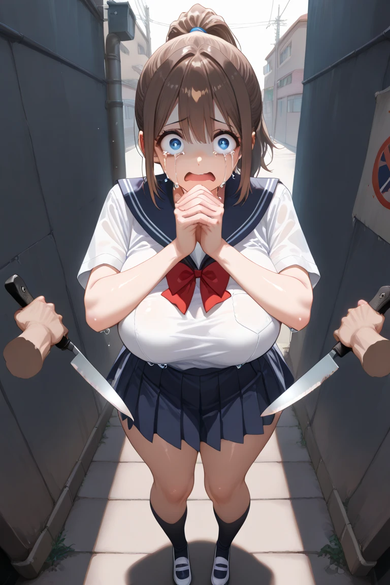 (bound arms, arms behind back, rope, bound legs:1.2), squatting, highres, highest quallity, illustration, ultra detailed, (detailed face), (detailed eyes), soft lighting, best quality, hyper detailed, masterpiece, looking at viewer, angry, open mouth, 1girl, solo, short hair, brown hair, school uniform, skirt, (colorful), shack, window, night,