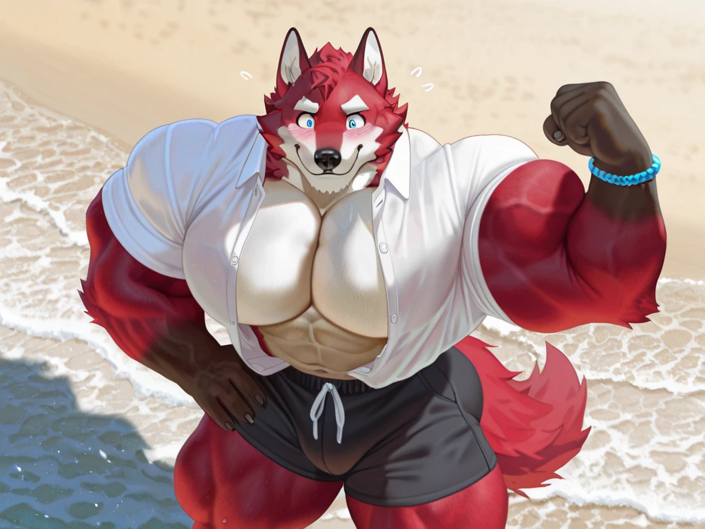 ((best quality)), ((masterpiece)), (Ultra detailed), ((4k)).
Anthro Wolf , Light Blue Fur , Short Hair(Blue) , Beard(blue) , Handsone , Good Looking , Green Eyes ,(Eyes Details), Middle Ages , Huge Pecs , muscle Fat Belly , cute pose , sunglasses , Pool Party
Long Sleeve Shirt , Thight long Pant , Hold Coffee