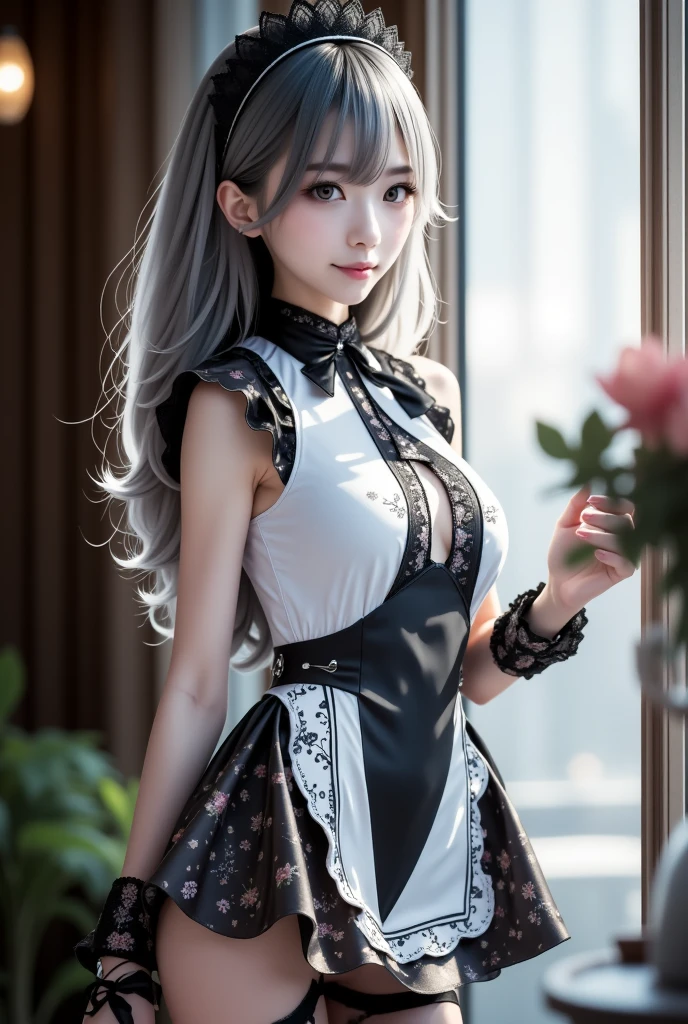masterpiece,best quality,official art, Extremely detailed CG unified 8k wallpaper,ridiculous,8K resolution,yukivo,There are moles under the eyes,Color contact lenses,cat's mouth,blush,nose blush,long hair,silver hair,hair behind ears,ribbontrim,(Tight-fitting sexy cheongsam:1.4),(Transparent lace:1.2),Lace garter pantyhose,Ice crystal texture,look in the mirror,(Lift up the cheongsam skirt with your hands:1.4)++