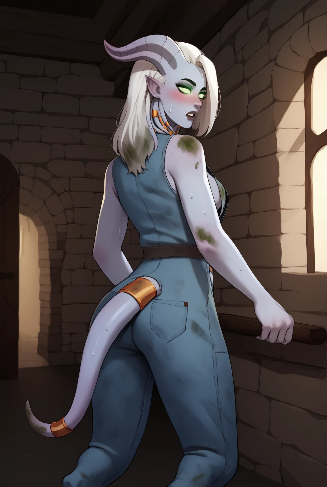 best quality, ((female Draenei)), (((medium breasts))), draenei, blushing, ((woman with blue skin)), freckles, ((Shaggy, slicked back white hair)), long thicc tail, ((very sweaty)), dungeon, ((green eyes)), (Brightly lit room), ((tall female)), ((standing in fantasy market)), ((Safe for work)), (tied coveralls), dirty, grease spots, ((long bangs)),