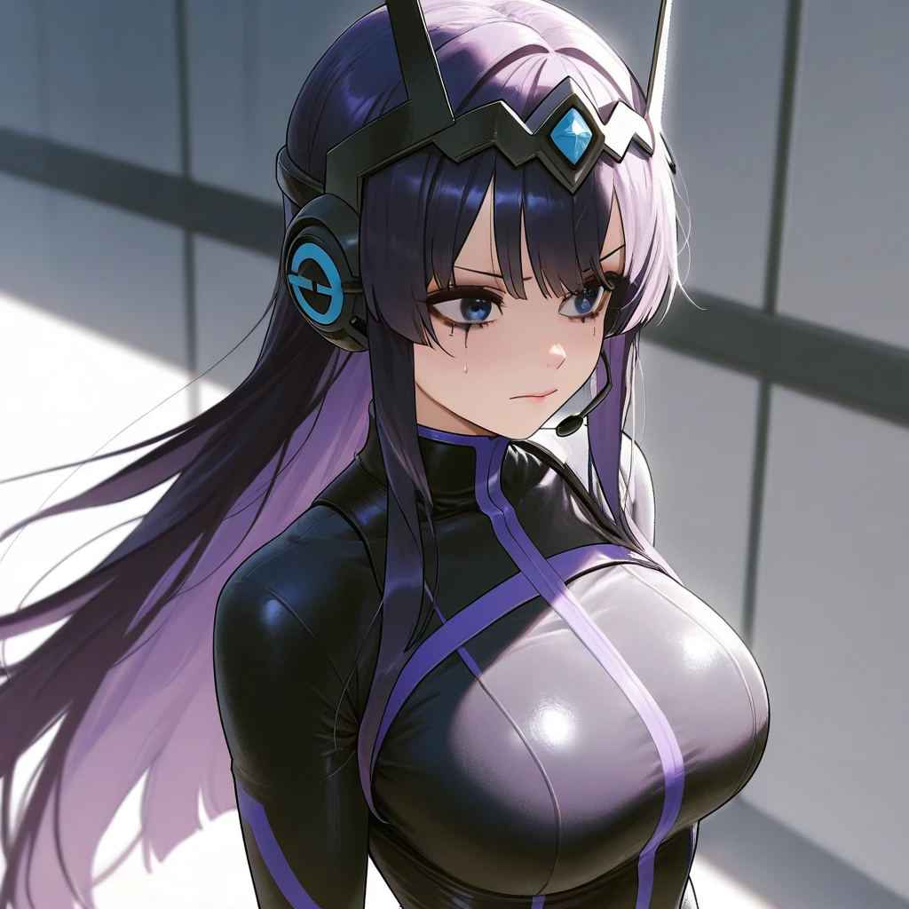 anime style, 2d, anime screencap, 2girls, twins, purple hair, serious, futuristic, science-fiction, black bodysuit, bodysuit, purple, large breasts, breasts, wide hips, thick thighs, pantyhose, blue eyes, tech, thighhighs, hair ornament, ornament, headphones, headset, machinery