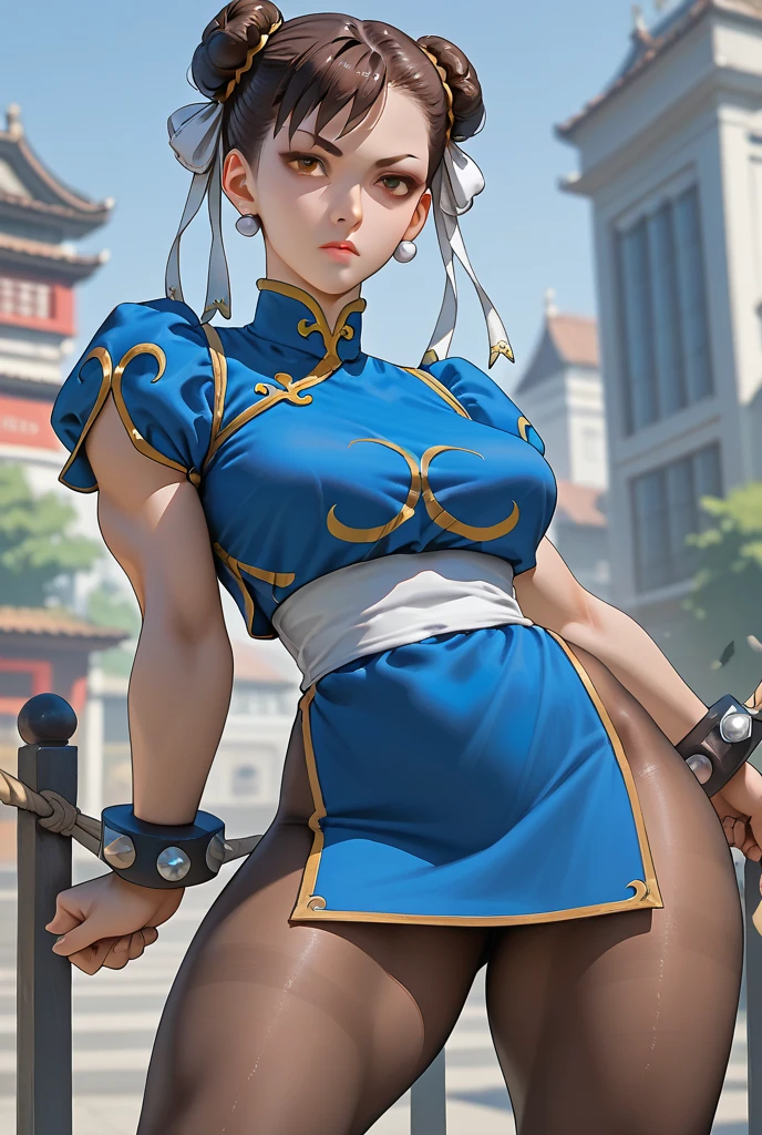 perfect eyes:1.2, detailed eyes:1.4, Chun Li, red eyeshadow:1.2, make up:1.2, white obi, qipao, nature, tree, brown eyes, short hair, brown hair, double bun, bun cover, blue dr.Ess, pelvic curtain, spiked bracelet, white sash, brown pants, cowboy shot, 1 girl, alone, (Masterpiece:1.6, best quality), 8k, crazy detail, intricate detail, hyper detailed, hyper quality, high detail, ultra detailed, professional, HDR, ray traced reflection, cinematic lighting,