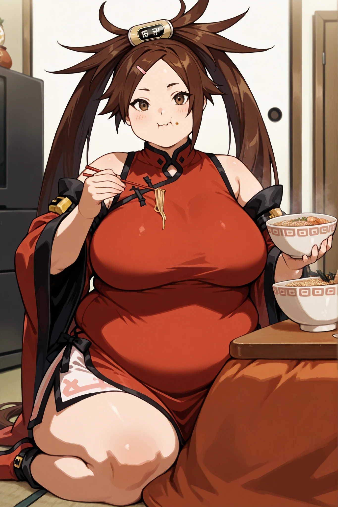 (masterpiece、best quality、super quality、perfect anatomy、detailed、intricate details、Impeccable attention to detail、Superb execution、Beautiful big breasts、upscale、Perfect workmanship、expressive art:1.3),(fat、chubby、Plum:3.45), 2 girls, black hair color hair, long white hair, through bangs, wide waist, wide body,Cat ear,huge belly,The abdomen is divided into two layers,The belt tightens the belly,sitting in water,The belt tightens the belly,Hip-covering skirt:3),Tight fabric on chest,chubby,heavy belly,hot spring,Two fat cat women huddled together face to face,sitting in water,Skirt rip,hot spring,eating,hot spring,Tight fabric on chest,kimono,The skirt is tight on the lower abdomen,hot springkimono,kimono,Anime cat girl huge intestines eat a lot of food and intestines on the table - car,swollen stomach