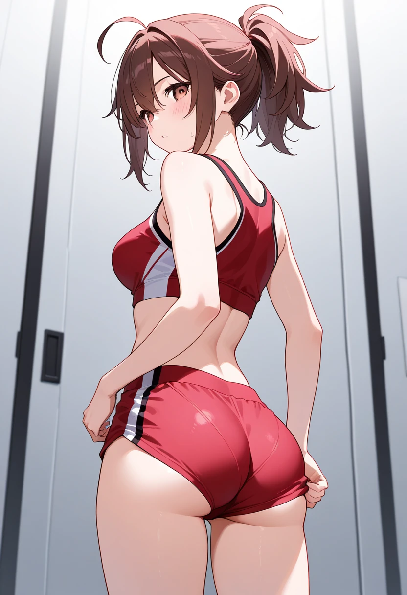 1girl, erotic, nsfw, 18+, small dolphin shorts, pink shorts, looking back, ass, pantyshot,, masterpiece, best quality, highly detailed, short brown hair, pink detailing eyes,