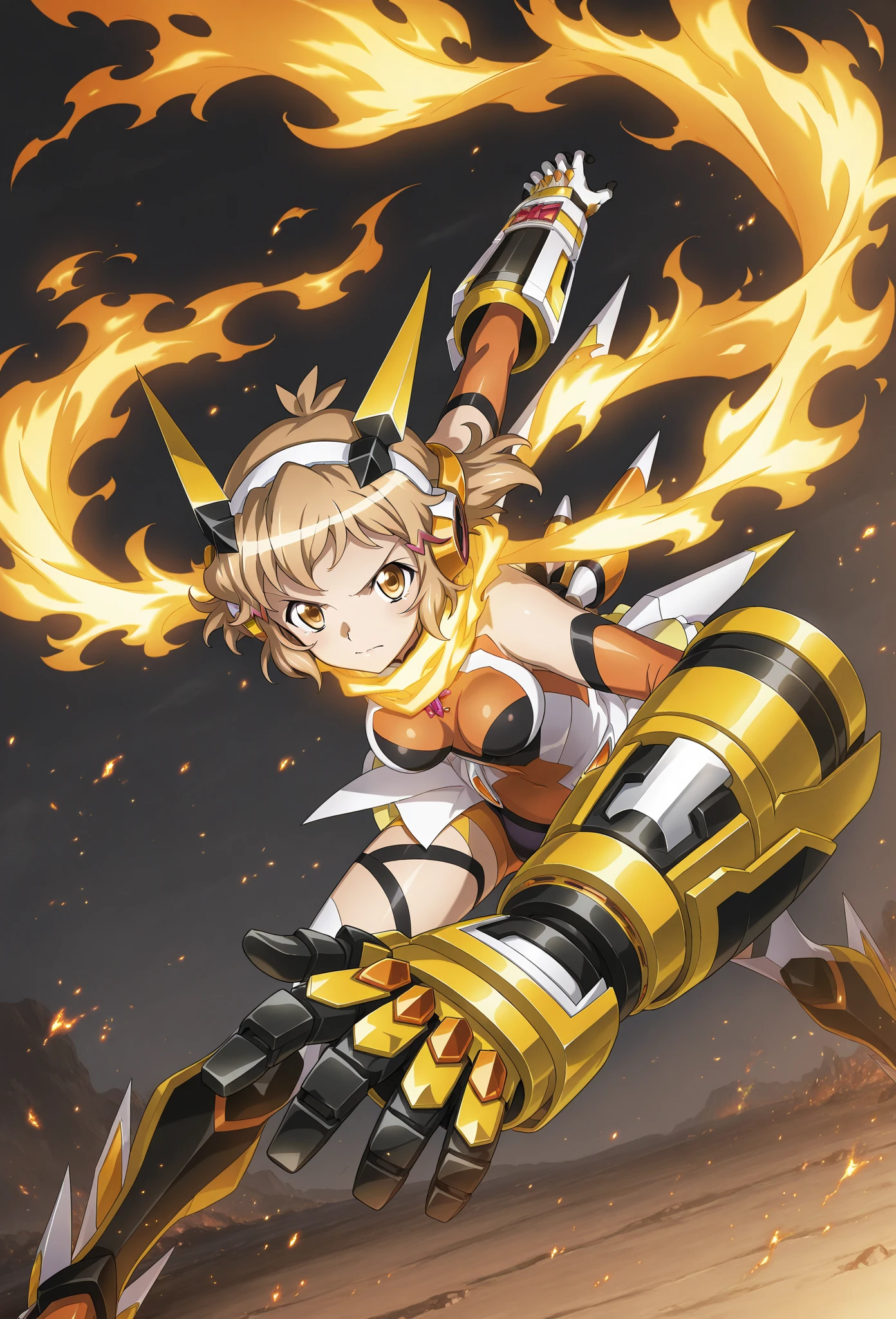 (RED Ribbon on HAIRband:1.2),aikatsu,1 girls,in senki zesshou symphogear style , Blonde long hair,black and RED battle suit,BREAK,ultra-definition, high resolution, ultra-detail CG,caustics, Live stage, in front of super large vision, singing, Battle pose,thgear, 1girl, solo, tachibana hibiki (symphogear), medium breasts, navel, headgear, gloves, gauntlets, body suit, shorts, white scarf,Ichigo Hoshimiya (Aikatsu!)