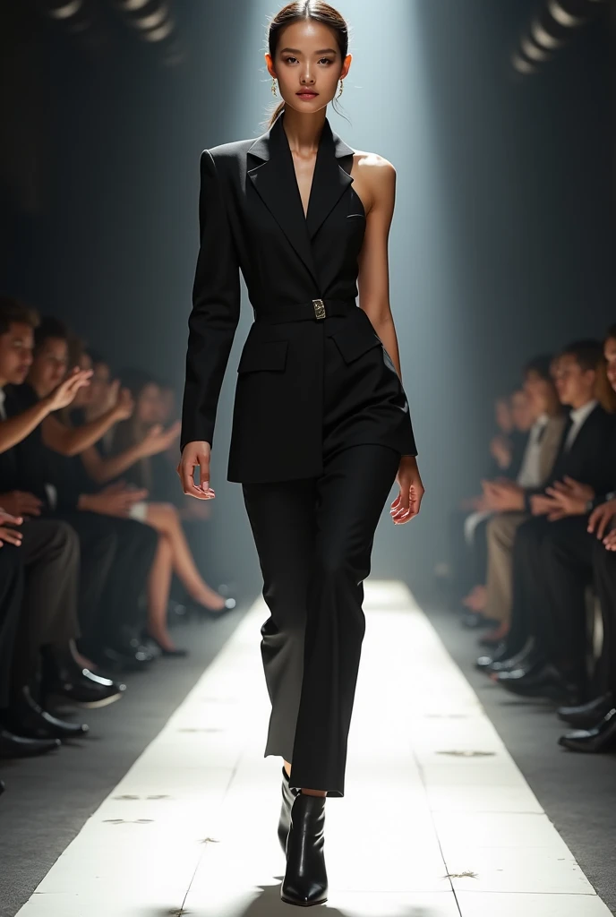 Tall, dark skinned but not black, medium length but slightly long and curly brown hair, slim physique like a model, Brown eyed, walking on the catwalk