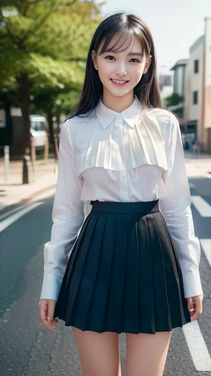 (8k, RAW photo, best quality, master:1.2), (realistic, photo-realistic:1.37), best quality, ultra high res, photon mapping, radiosity, physically-based rendering,bblurry, blurry_foreground, depth_of_field, blurry_background, photo _ \(medium\), motion_blur,1girl, (whole body), long legs, thin legs, Long hair, bairs,(see through bangs), hair_ornament, lips, hairclip, solo, blue_eyes, nosesoft,china,White shirt,Gray Plaid pleated skirt, opaque dress, top view, black loafers, thigh high, black cotton socks,