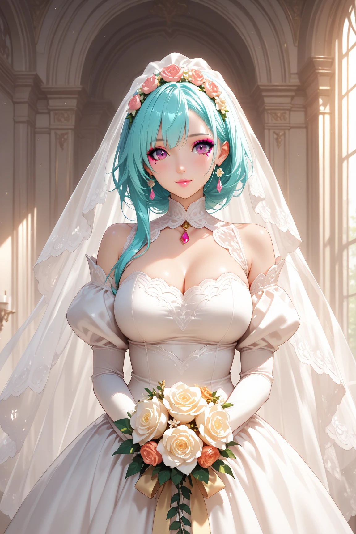 (highest quality,4K,8K,High resolution,masterpiece),1 person,super detailed,, straight, smiling,face focus, (,character_concentrated),beautiful girl,enchantment,fascinating,cheerfulness,Sacred,magic effect,light blue hair,Horn,(((wedding gown))),love eye rider dress,Sophisticated clothing,detailed lace,Bedroom,Lonely,in the middle of the night,lace pantyhose,Sacred縞模様,see-through transparent clothes,(bride, Wedding dress, bouquet,:1.3)church,ganyu Genshin