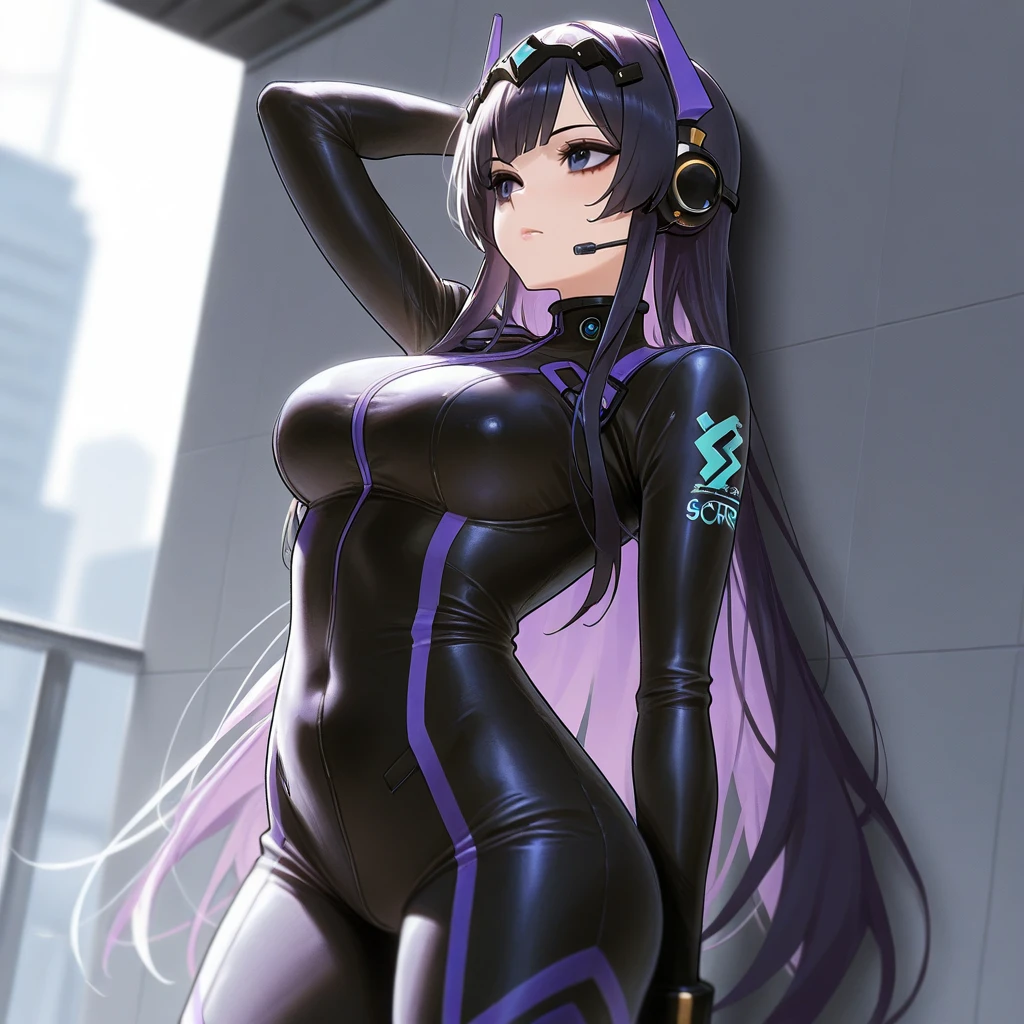 1 girl,NSfW,Nozomi Tojo, (love live), Visor VR, clavicle, absurd, brainwashing,fighter, empty eyes,((bright purple eyes 1.8)), ( huge breasts 1.2 ), ((Stand, Standing in honor)), No expression, emotions removed,((black jumpsuit)),set aside , whole body form,(of the highest quality、4k、8k、high resolution、should have:1.2)、super detailed、(reality、He's realist、realist:1.37)、heart、hyper high definition、studio lighting、ultra definition paint、sharp focus、Physically based representation、Extreme details、Professional specifications、vitality and color、blurred、sports portrait、landscape、horror style、anime big breasts、Sf、Photography、Conceptual artist、Five fingers, perfect body, {{{Masterpiece}}}, {{{of the highest quality}}}, {{super detailed}}, {form}, {{very delicate and beautiful}},Improved cost performance、all roles、Canon 5D MK4でPhotography、Photography,