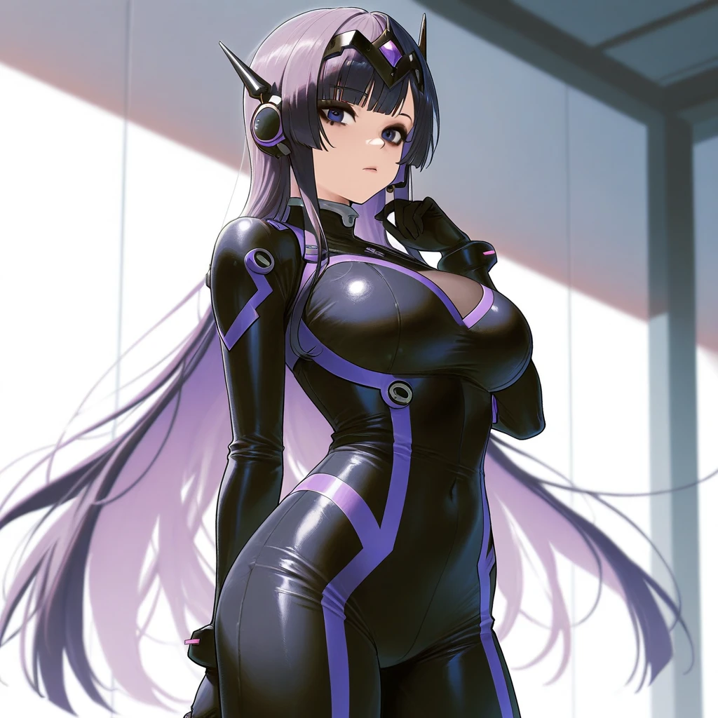 (Highest quality、masterpiece:1.2) 1 Female、body、Akiyama Rinko、ponytail、Purple eyes、huge 、Big Ass ((Purple bodysuit)) (Malicious look、Vulgar smile) 