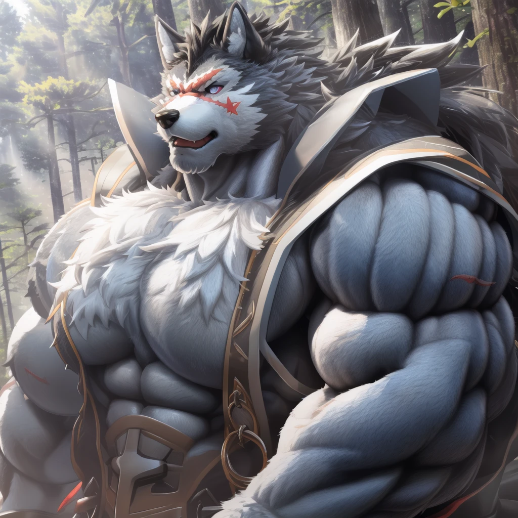 blaidd, flexing muscles. 4k, high resolution, best quality, perfect colors, perfect shadows, perfect lighting, posted on e621, furry body, solo, male, adult, bare chest, masculine, (very muscular, buff, heavyweight, strong chest:1.4), correct anatomy, (photorealistic fur, detailed fur, epic, masterpiece:1.2), (inside medieval castle, dark lighting), (by Taran Fiddler, by Traver009, by wfa:1.2), (pants, leg armor, bulge, belt:1.2), (detailed eyes, purple eyes:1.2), serious face, growling, baring fangs, (large scars on body:1.1), (veins on biceps, muscles flexing:1.3), looking at viewer, messy fur, (low-angle shot:1.2)