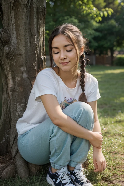 A girl observing the flowers. a boy writing sitting next to a tree