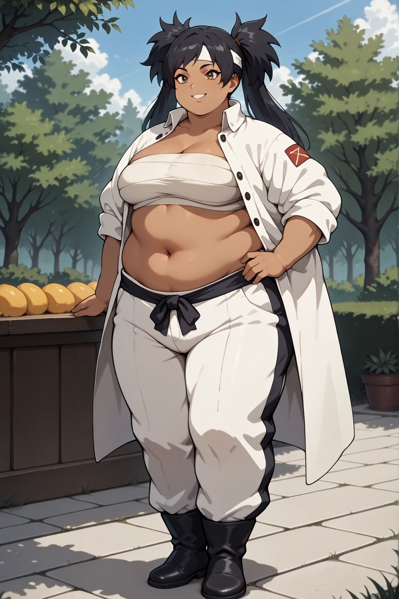 masterpiece, best quality, score_9, score_8_up, score_7_up, score_6_up, outdoors, 1girl, haylin, black hair, brown eyes, long hair, twin tails, dark skin, female focus, solo, white jacket, white pants, headband, short hair, smile, black footwear, coat, crop top, midriff sarashi, sarashi, full body