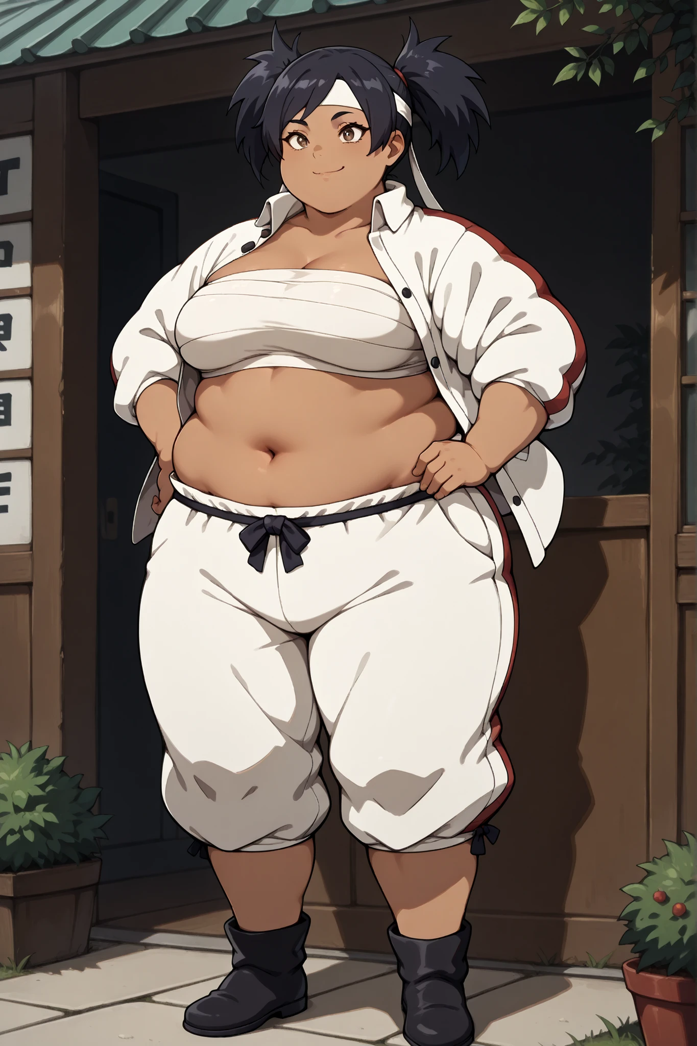 masterpiece, best quality, score_9, score_8_up, score_7_up, score_6_up, outdoors, 1girl, haylin, black hair, brown eyes, long hair, twin tails, dark skin, female focus, solo, white jacket, white pants, headband, short hair, smile, black footwear, coat, crop top, midriff sarashi, sarashi, full body