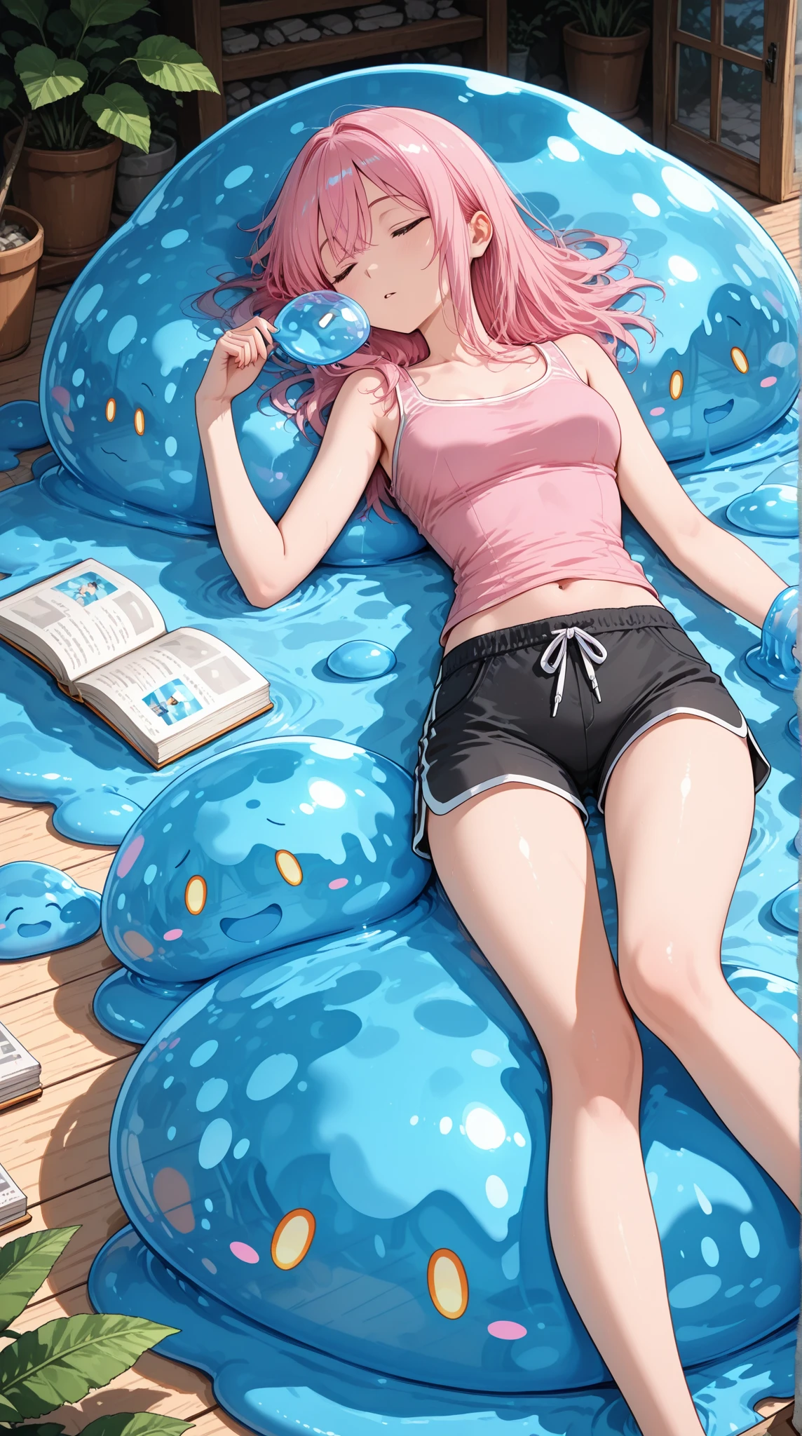 1 girl, (medium breasts))), (((a very short and transparent lingerie and a thong))), (long pink hair), (((blue eyes))), thin arms, (at the motel) , (slim waist), bare feet, (full body photo), (((lying on the bed sensually hugging a slime-shaped pillow))), (twintails), (bad mood), Long Eyes, eye reflection, anime , anime style, ray tracing, flare, drop shadow, panorama, Sony FE, 8k, UDisk, master piece, accurate, anatomically correct, Super Detail, best quality, ultra high resolution, Hard Udisk, 16k