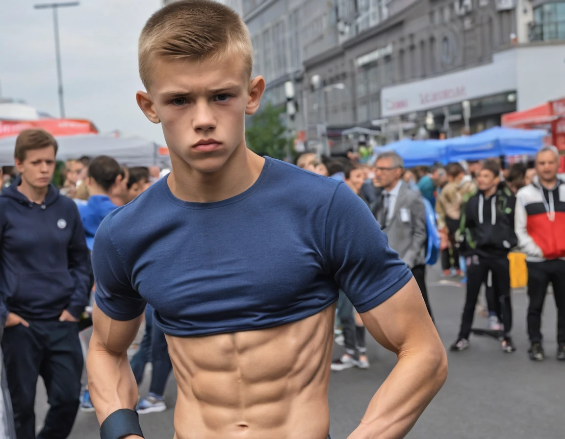 a shirtless 21-year old handsome caucasian male in messy haircut, sagging camouflage pants, camouflage boots, cute, handsome face, six-pack abs, beautiful body, well-defined body, sweating profusely, dripping with sweat, drenched with sweat, shirtless, running with other soldiers in the military camp