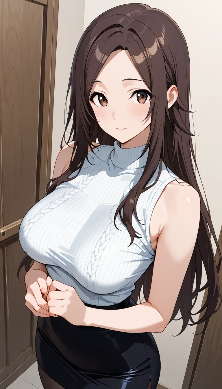 score_9, score_8_up, score_7_up, Source_Anime Top Quality、8k、masterpiece、Natural Light、and high precision、perfect anatomy、one woman、medium breasts, sagging breasts:1.6, voluptuous body:1.3, (nu), parted bangs, brown hair, long hair, brown eyes, (No expression、embarrassed:0.3), sleeveless rib knit that rubs your chest with both hands、high neck、and a tight pencil skirt, pantyhose, standing