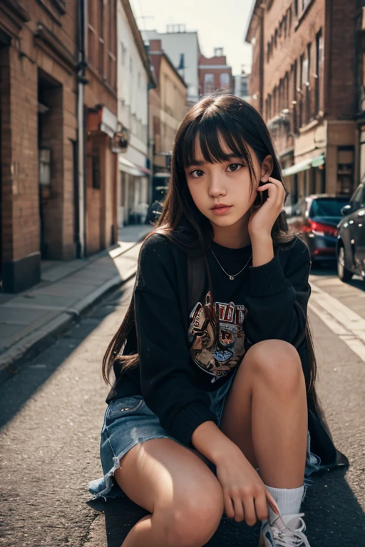 top-quality,Knees,Lowered eyebrows,cabelos preto e longos,T-Shirt Dresses,(embarrassed from,red blush),(12 year old girl)
