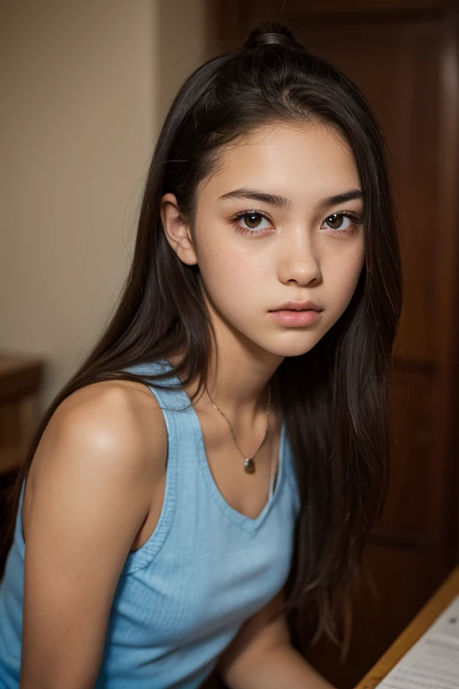 14 year old Brazilian, realistic average beauty 