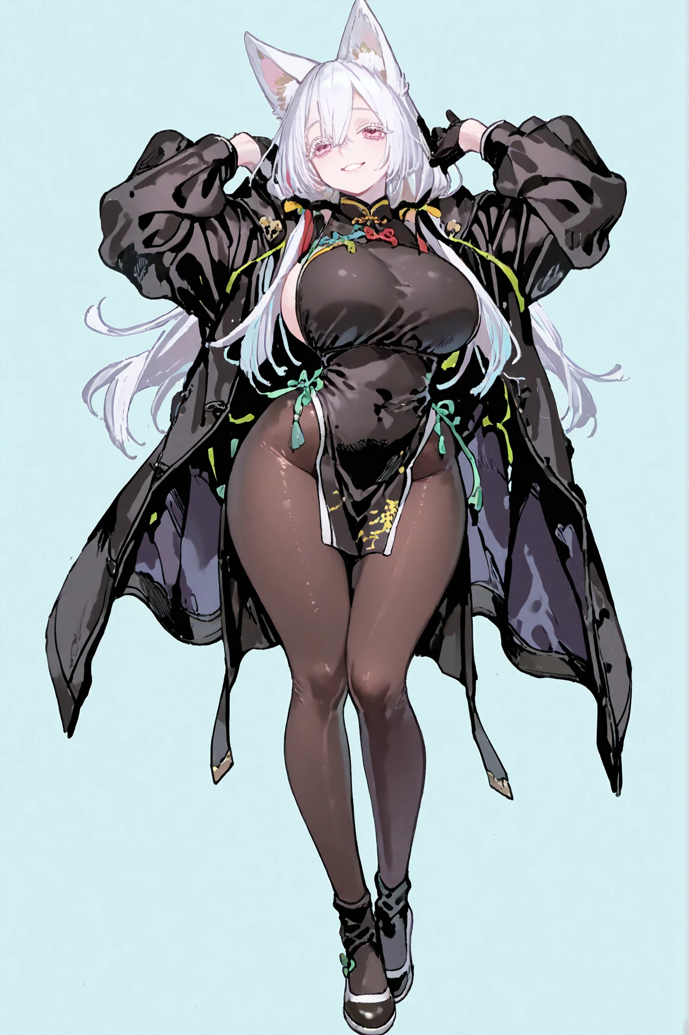 8k wallpaper、talismã paper over her top quality 、masterpiece、 748cm スThailandル 、 woman 1 person 、、 big fox ears、ribbon、 black skirt、 Black winter coat 、 pantyhose, cheongsam dress, sexy black cheongsam dress、 black knee socks 、 strap 、 Thailand、、 pantyhose、、 white hair、white albino eyelashes 、 long hair、 Underbob 、pink eyes、black sailor shirt, Pretty pink Eyes、 wide hips、Protruding thighs 、 very big breasts 、 Light blue background 、 simple background、smile、 high detail, standing up, making a cute photo pose with her hands, fullbody, head to toe,