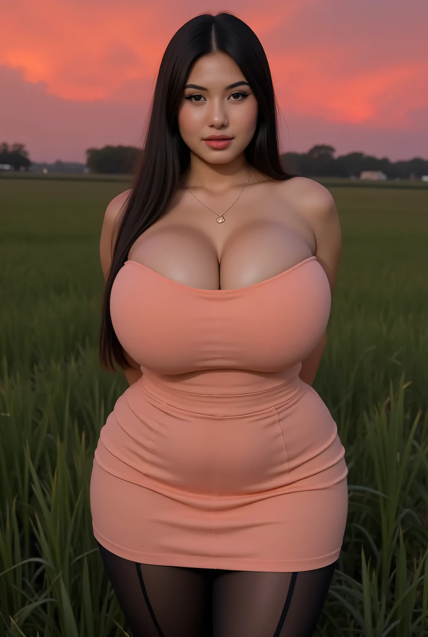 (Carefully designed composition:1.1),(masterpiece:1.2, top-quality, ultra high , ultra detailed), (Detailed light),,BREAK,(looking at viewer),(high quality:1.2), (medium shot:1.2), (masterpiece:1.2), ((cowboy shot)), completely nude, (gigantic breasts:1.4), ((nude,nipple,navel,pusic hair,pussy)), pubic hair, pubic bush, pale_skin, , oval face, long hair, black hair, (eyeshadow:1.2), mascara, (long_eyelashes:1.2), green eyes, small nose, (puffy lips:1.2), (arms behind back:1.2), challenging stare, flower field, cinematic, high depth of field,(2 month pregnant belly)