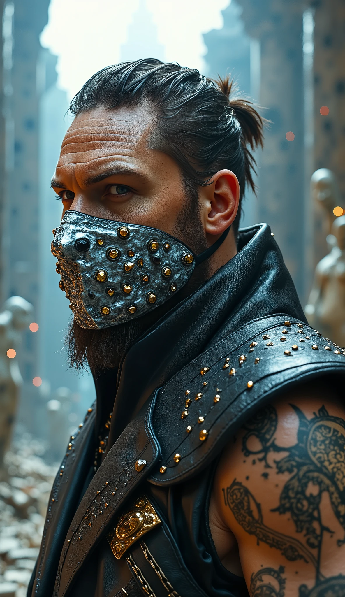 Make Tom Hardy hyperrealistic, Like Smoke from Mortal Kombat, upper body: with shiny gray mask with gray diamond stones that covers your mouth with gold details Ancient City Resurrected by AI Ruins of a forgotten civilization come to life with holograms and pulsating technology. Broken statues float, repaired by drones that restore old memories in real time