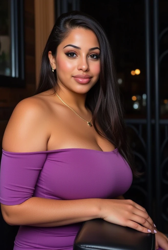 A beautiful African American lady who is 26 with a curvy body and light Carmel brown skin and long straight brown hair. She is in a penthouse wearing a purple dress. A white pet cat is sitting next to her in the window seal in front of a view of the city. You can only see the side profile of her face, and her eyes are closed.