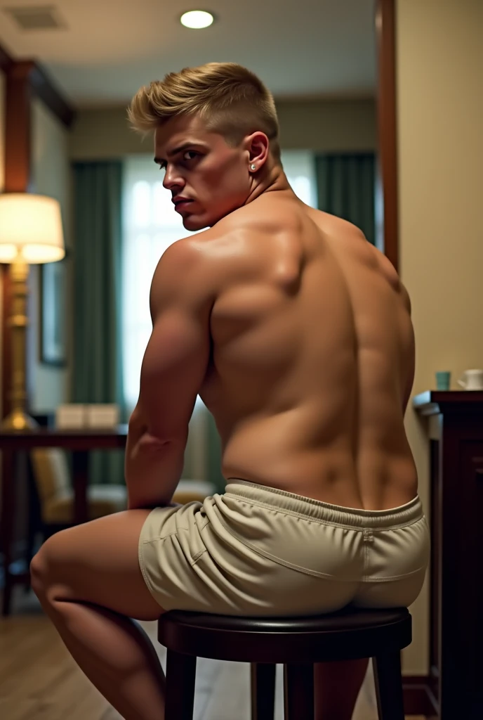 ull view full body, young blond male tan age 25, fitness model with short wavy undercut blond hair, big bulge and smooth chest wearing only white latex tights, no shoes, golden jewelerey, laying back on a dark gray sofa , luxurious manor's bedroom with ceiling and walls covered with all woodwork