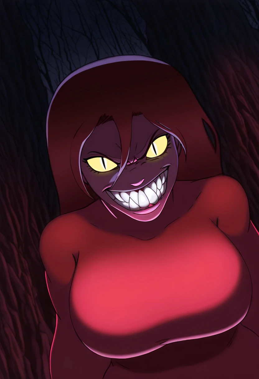 gideonscorral, portrait, 1girl, breasts, evil, angry, masterpiece, best quality, amazing quality, very aesthetic, absurdres, newest, scenery, bgfpos, wide grin, possessed, yellow sclera, slit pupils, glowing eyes, photorealistic, dutch angle, masterpiece, best quality, amazing quality, very aesthetic, absurdres, newest, scenery, volumetric lighting