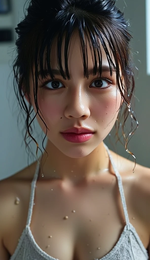 (best quality, 4k, highres, highres face details),18 yrs old, 1girl, solo, athletic figure, tan skin, hoop earrings, perfect nose, perfect lips, fake lashes, deep cleavage, pretty face, cute face, wearing a white T-shirt, wearing white leggings, soaking wet, wet hair, wet body, water dripping off body and hair, nipples exposed, wearing leggings, brown hair, short curly hair, crossed bangs, brown eyes, constricted pupils, hair ribbon, hoop earrings, cinematic lighting, Ultra-Wide Angle, Canon, Hyperrealism, UHD, masterpiece, textured skin, high details, best quality, detailed eyes, detailed iris, whole body photo, posing for the camera