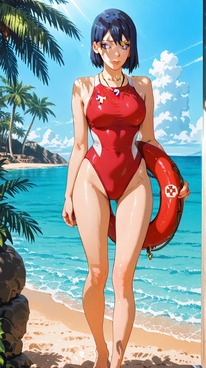 masterpiece, (red bikini), best quality, highres, dragon ball, blmmid, aqua hair, medium hair, blunt bangs, red hair band, huge breasts, at the beach, standing, full body