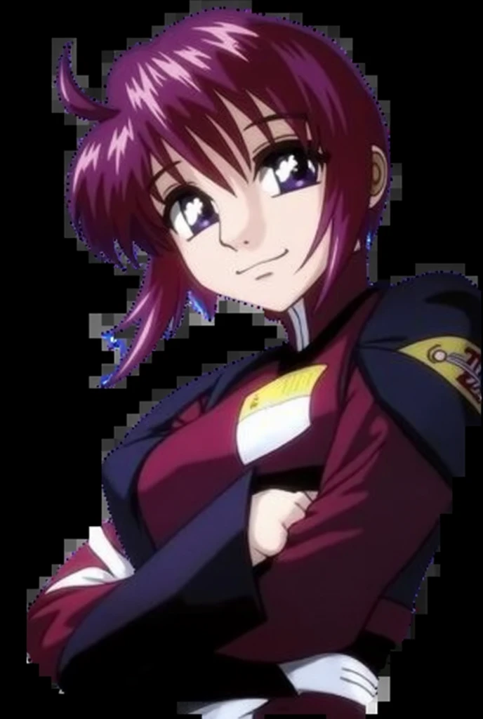 Lunamaria Hawke,1girl,solo,uniform,pink skirt,short hair,military uniform,military,skirt,long sleeves,ahoge,belt,purple eyes,pink hair,red hair,blue eyes,parted lips,looking at viewer,salute,light smile,1990s \(style\),retro artstyle,
